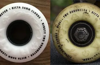 new vs old yellow skateboard wheel