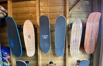 skateboards mounted on a wall